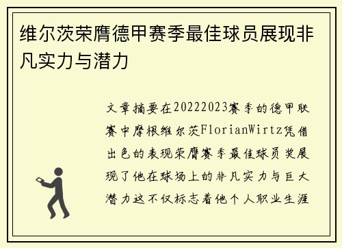 维尔茨荣膺德甲赛季最佳球员展现非凡实力与潜力